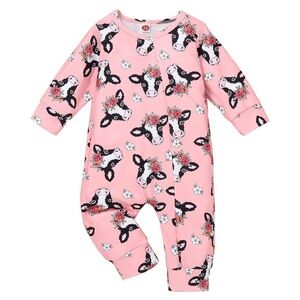 COW PRINT WESTERN Long Sleeve Romper Jumpsuit Zip Up Onesie Bodysuit Pink 0-3M